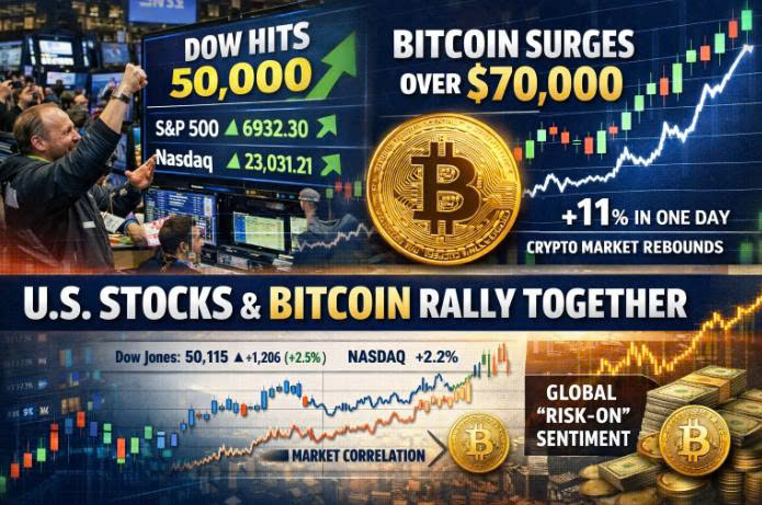 Chứng khoán Mỹ hồi phục mạnh, Bitcoin bật lại trên 70.000 USD: Khi dòng tiền toàn cầu khiến cổ phiếu và tài sản số đồng pha